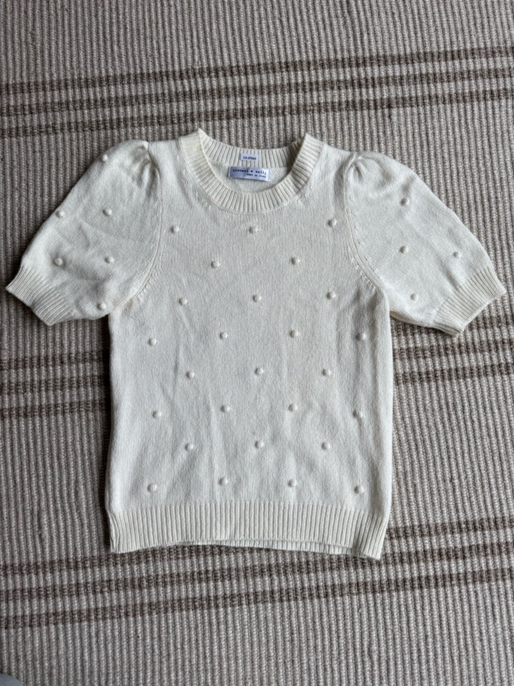 Crewneck Puff Sleeve Dot Knit Sweater - Cream